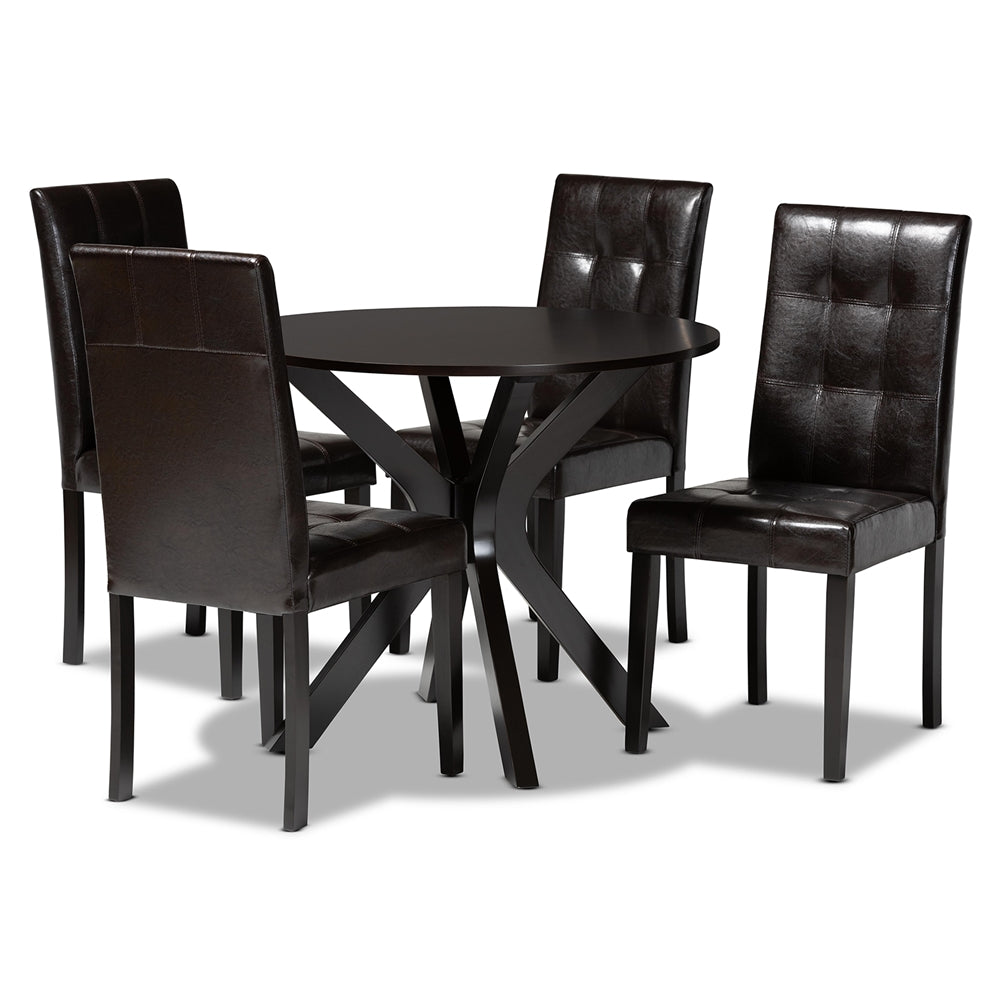 Marie Modern and Contemporary Dark Brown Faux Leather Upholstered and Dark brown Finished Wood 5-Piece Dining Set