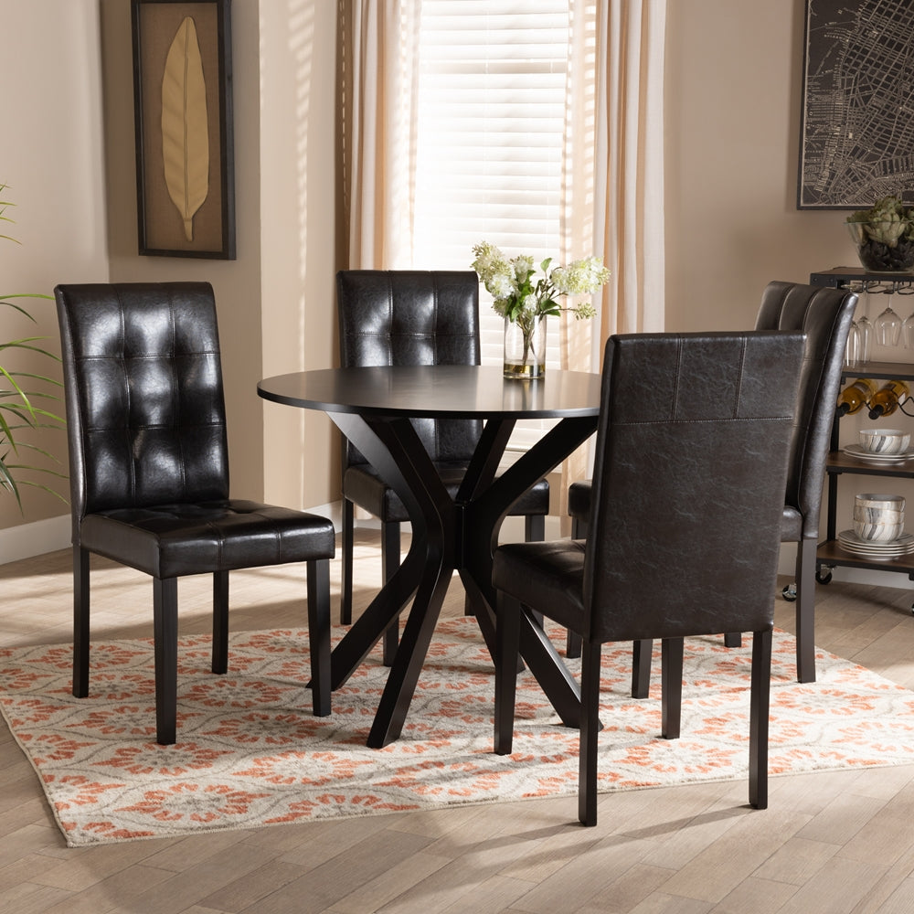 Marie Modern and Contemporary Dark Brown Faux Leather Upholstered and Dark brown Finished Wood 5-Piece Dining Set
