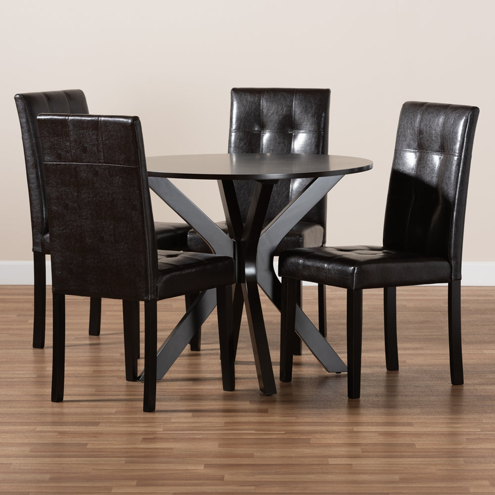 Marie Modern and Contemporary Dark Brown Faux Leather Upholstered and Dark brown Finished Wood 5-Piece Dining Set