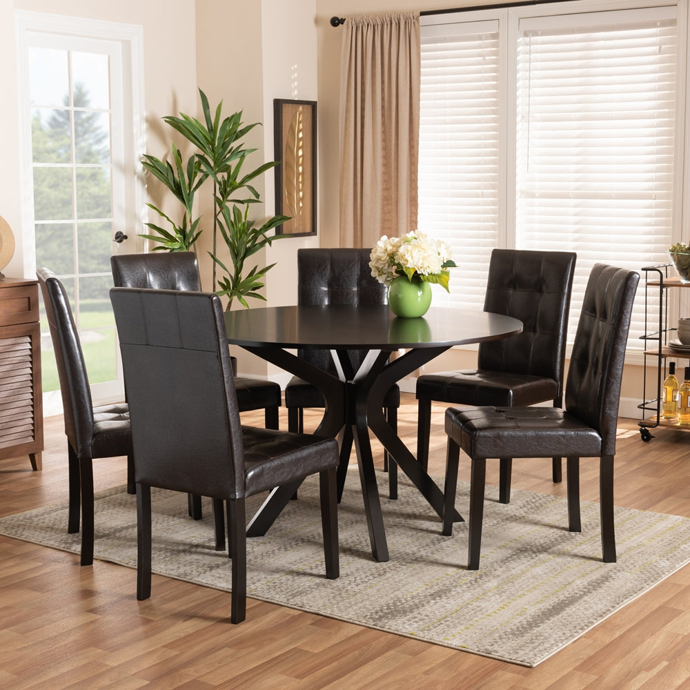 Marie Modern and Contemporary Dark Brown Faux Leather Upholstered and Dark brown Finished Wood 7-Piece Dining Set