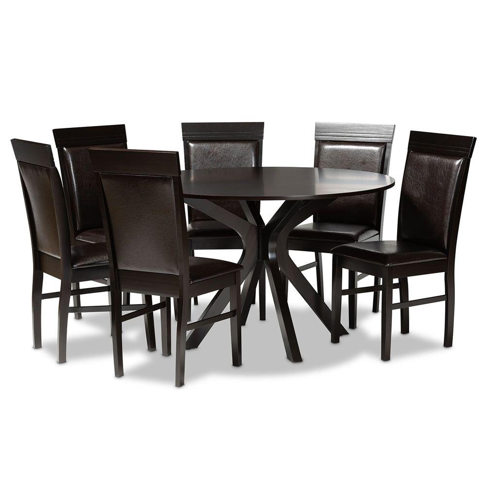 Jeane Modern and Contemporary Dark Brown Faux Leather Upholstered and Dark Brown Finished Wood 7-Piece Dining Set