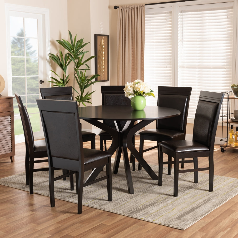 Jeane Modern and Contemporary Dark Brown Faux Leather Upholstered and Dark Brown Finished Wood 7-Piece Dining Set
