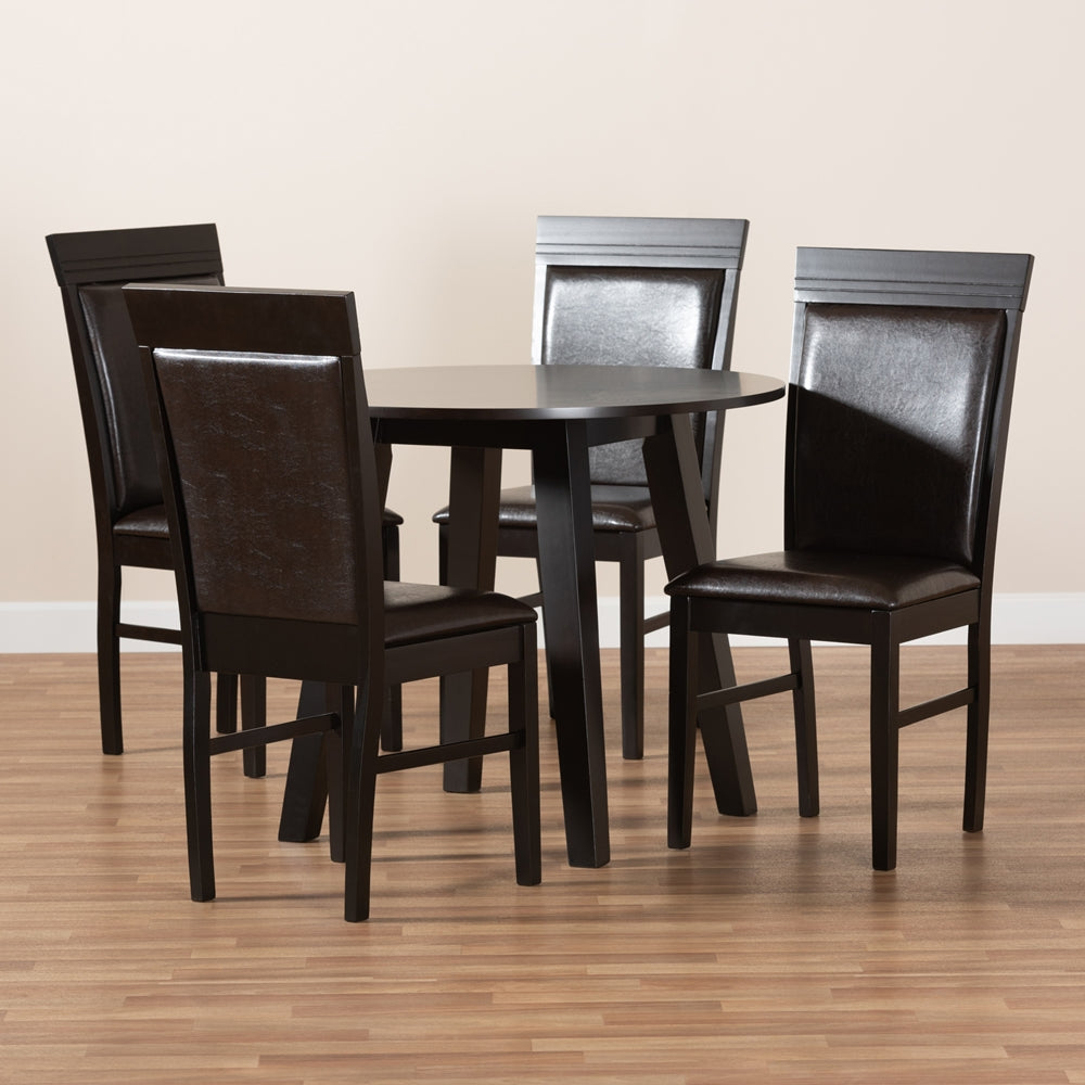 Miya Modern and Contemporary Dark Brown Faux Leather Upholstered and Dark Brown Finished Wood 5-Piece Dining Set