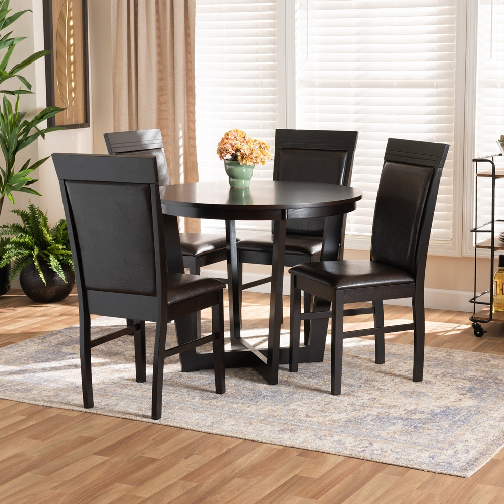 Irma Modern and Contemporary Dark Brown Faux Leather Upholstered and Dark Brown Finished Wood 5-Piece Dining Set