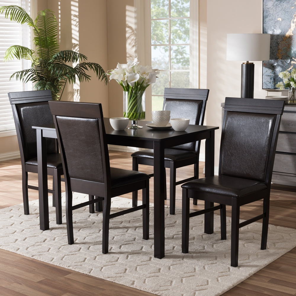 Thea Modern and Contemporary Dark Brown Faux Leather Upholstered 5-Piece Dining Set