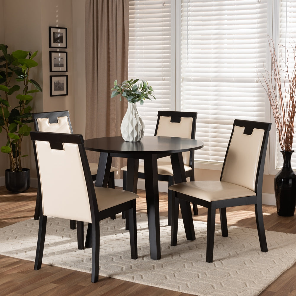 Ryan Modern and Contemporary Beige Faux Leather Upholstered and Dark Brown Finished Wood 5-Piece Dining Set