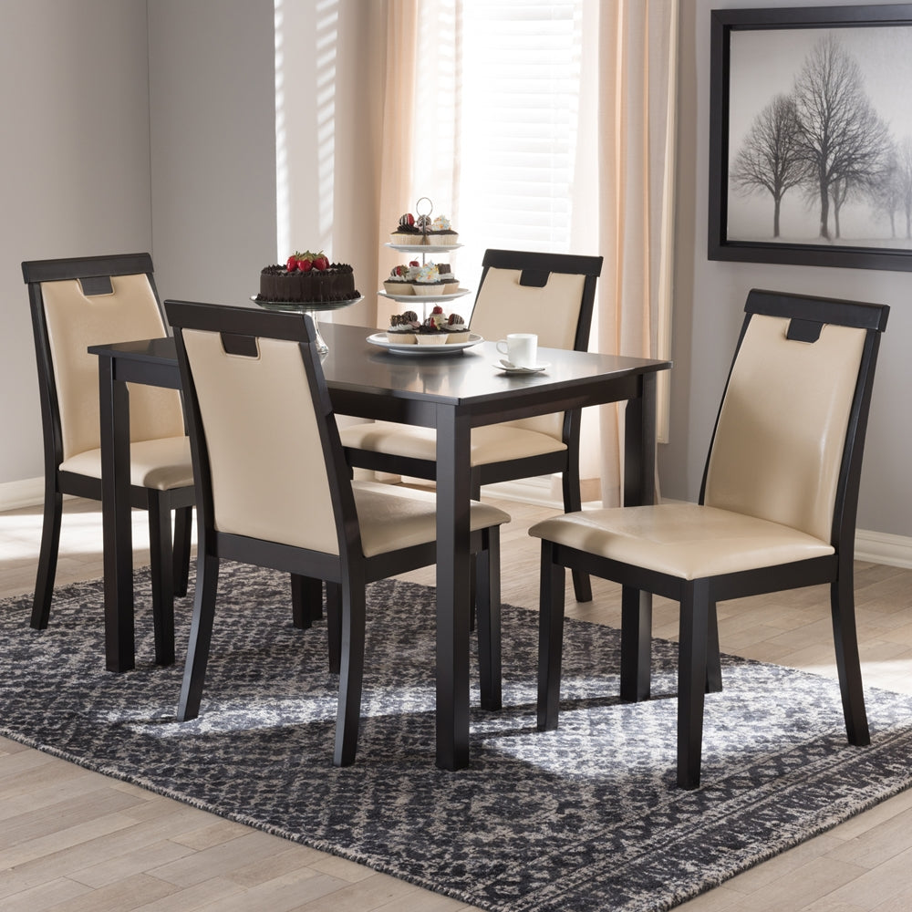 Evelyn Modern and Contemporary Beige Faux Leather Upholstered and Dark Brown Finished 5-Piece Dining Set