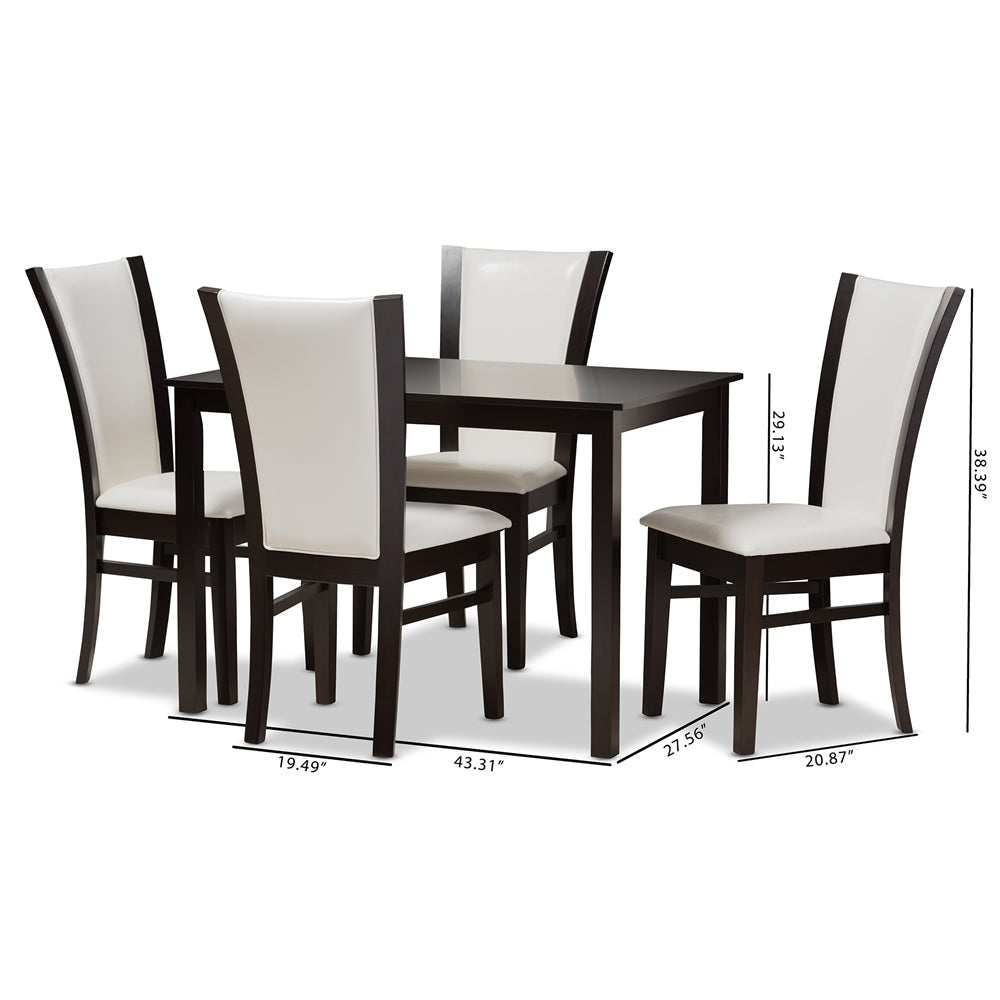 Adley Modern and Contemporary 5-Piece Dark Brown Finished White Faux Leather Dining Set