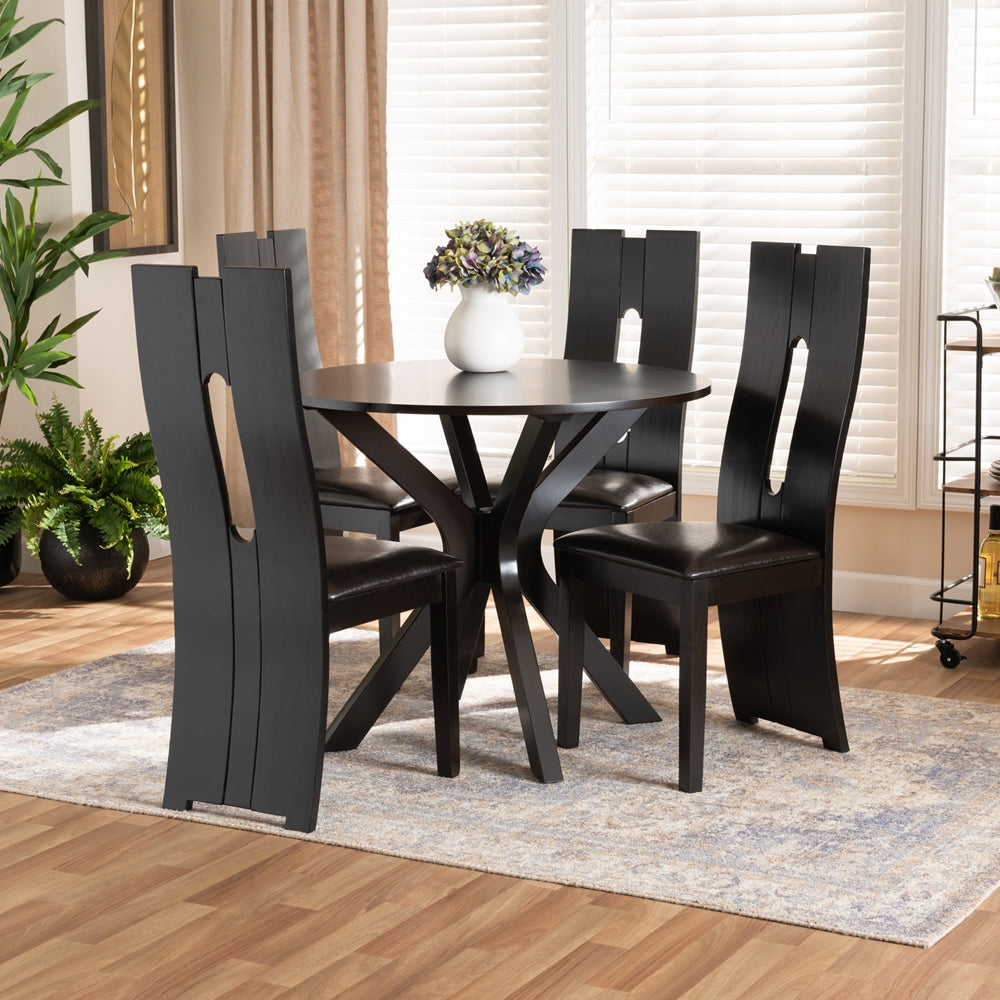 Cian Modern and Contemporary Dark Brown Faux Leather Upholstered and Dark Brown Finished Wood 5-Piece Dining Set