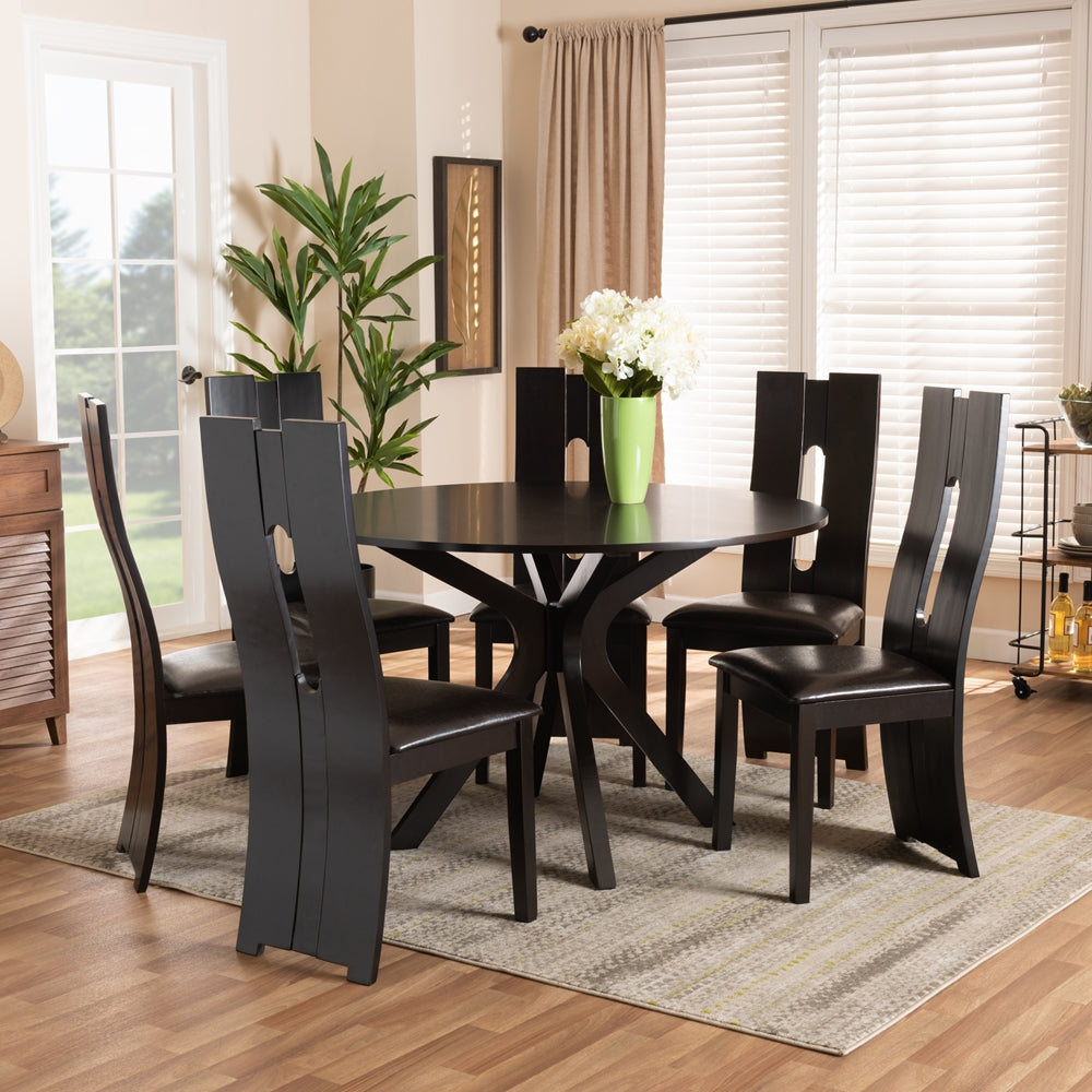 Kenyon Modern and Contemporary Dark Brown Faux Leather Upholstered and Dark Brown Finished Wood 7-Piece Dining Set