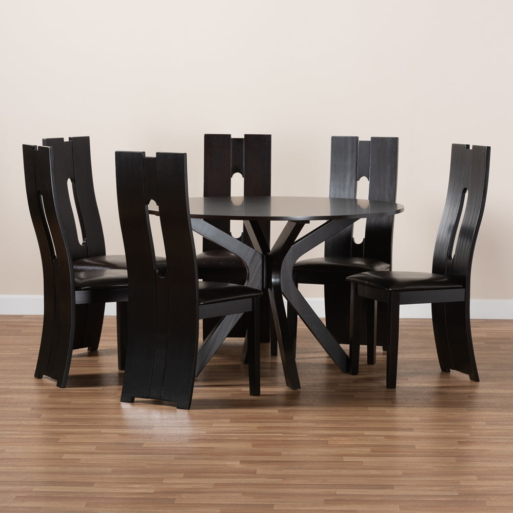 Kenyon Modern and Contemporary Dark Brown Faux Leather Upholstered and Dark Brown Finished Wood 7-Piece Dining Set