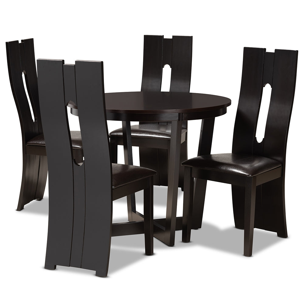 Sorley Modern and Contemporary Dark Brown Faux Leather Upholstered and Dark Brown Finished Wood 5-Piece Dining Set