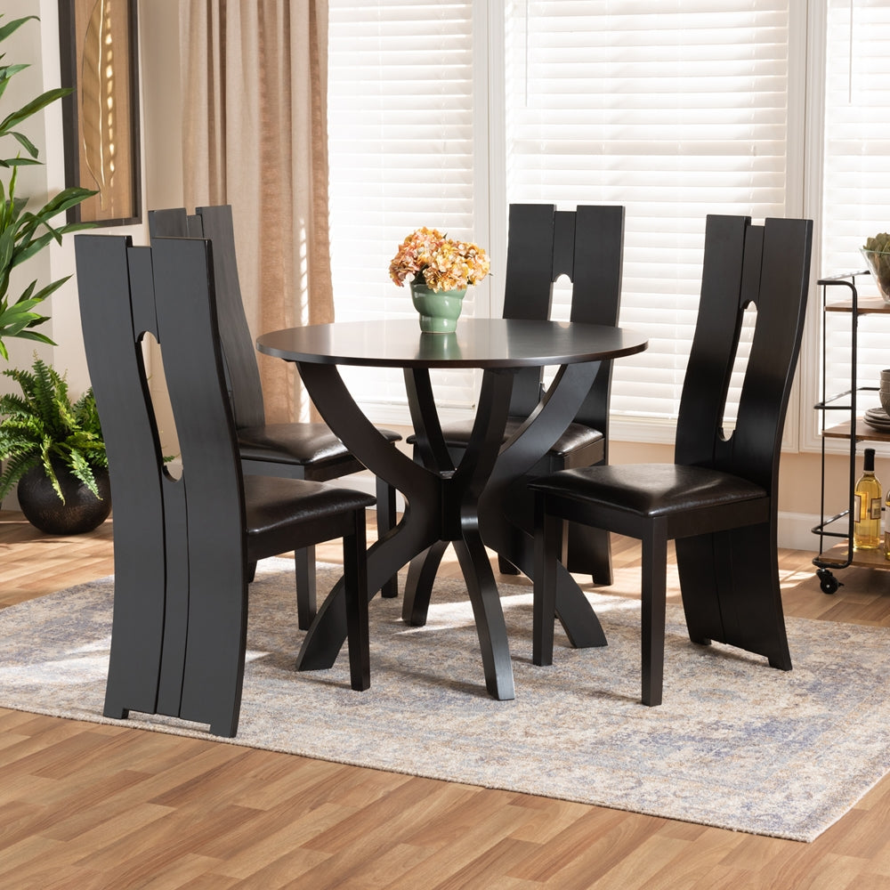 Ronda Modern and Contemporary Dark Brown Faux Leather Upholstered and Dark Brown Finished Wood 5-Piece Dining Set