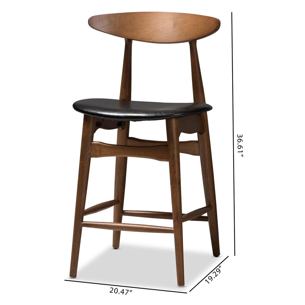 Flora Mid-Century Modern Black Faux Leather Upholstered Walnut Finished Counter Stool (Set of 2)
