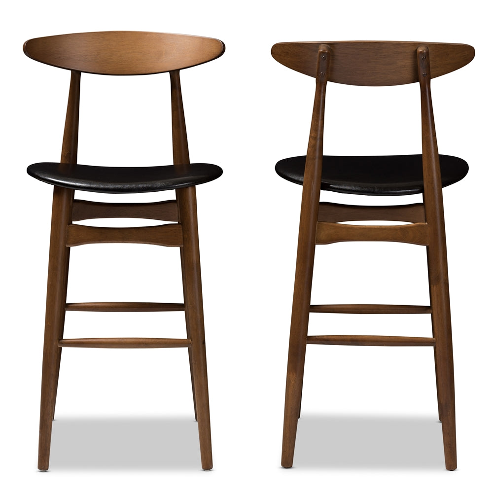 Flora Mid-Century Modern Black Faux Leather Upholstered Walnut Finished Bar Stool (Set of 2)