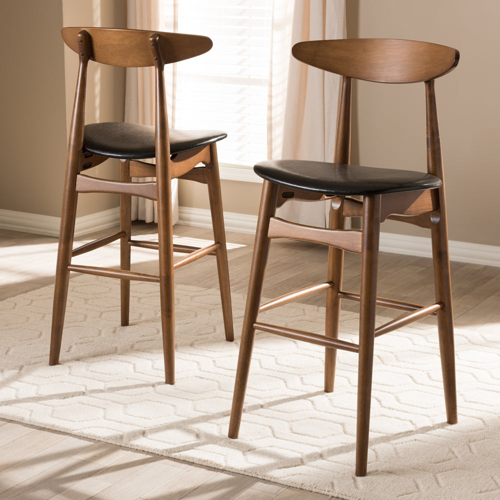 Flora Mid-Century Modern Black Faux Leather Upholstered Walnut Finished Bar Stool (Set of 2)