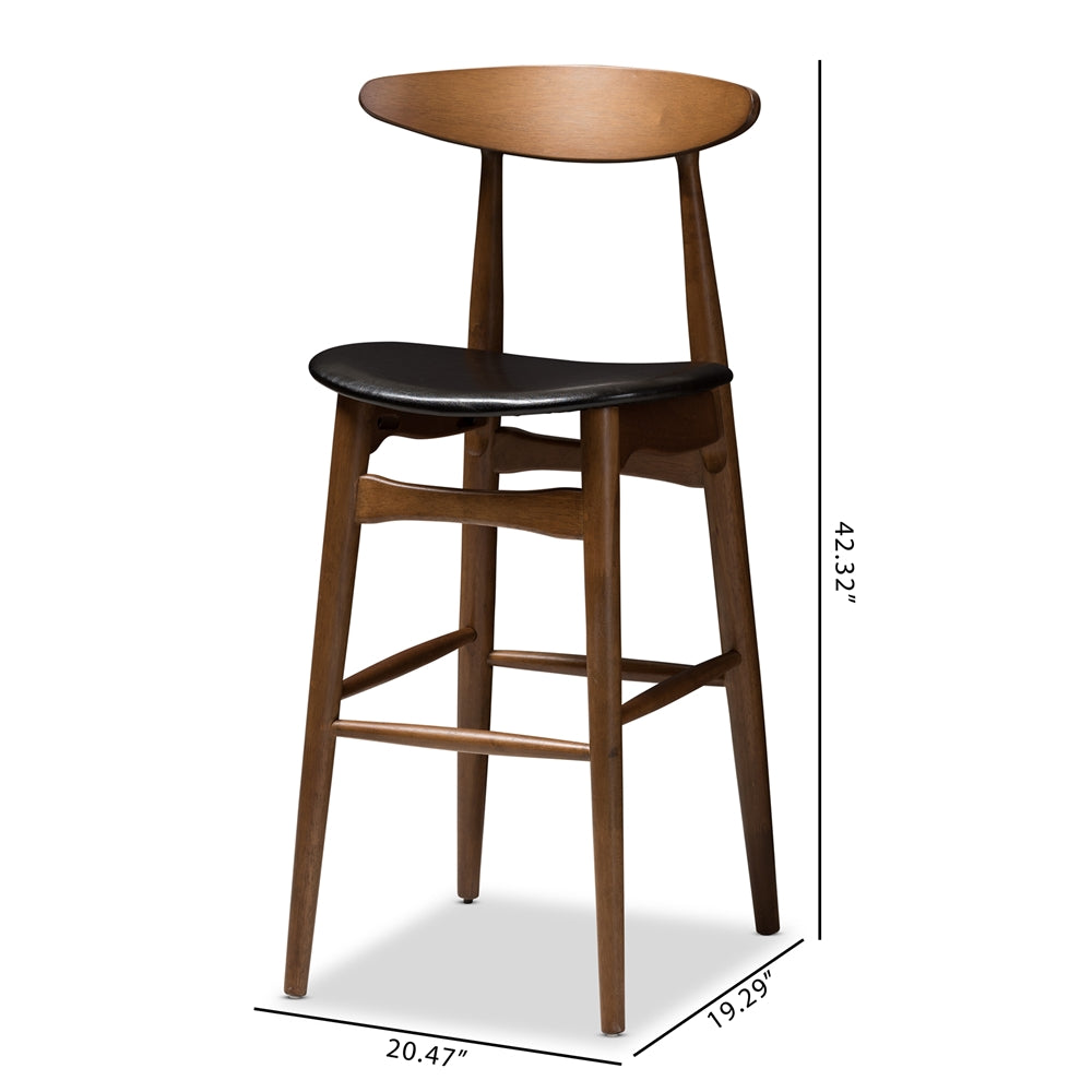 Flora Mid-Century Modern Black Faux Leather Upholstered Walnut Finished Bar Stool (Set of 2)