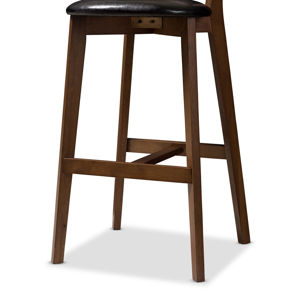 Eline Mid-Century Modern Black Faux Leather Upholstered Walnut Finished Bar Stool (Set of 2)