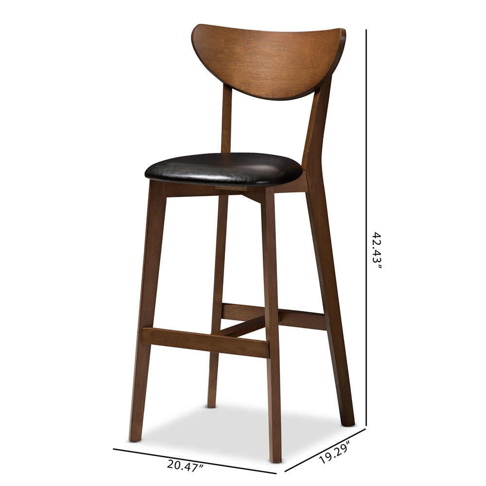 Eline Mid-Century Modern Black Faux Leather Upholstered Walnut Finished Bar Stool (Set of 2)
