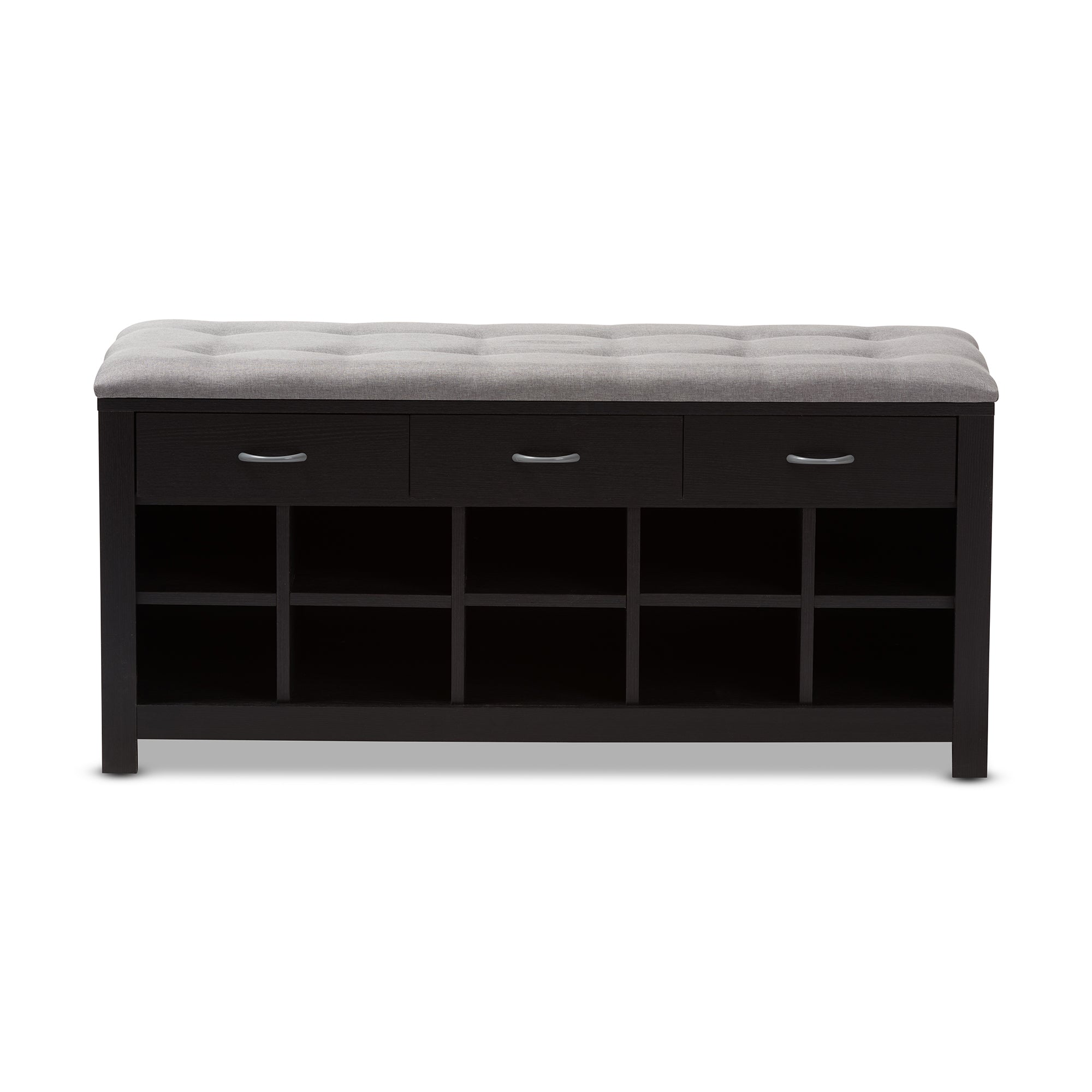 Modern and Contemporary Espresso Finished Grey Fabric Upholstered Cushioned Entryway Bench