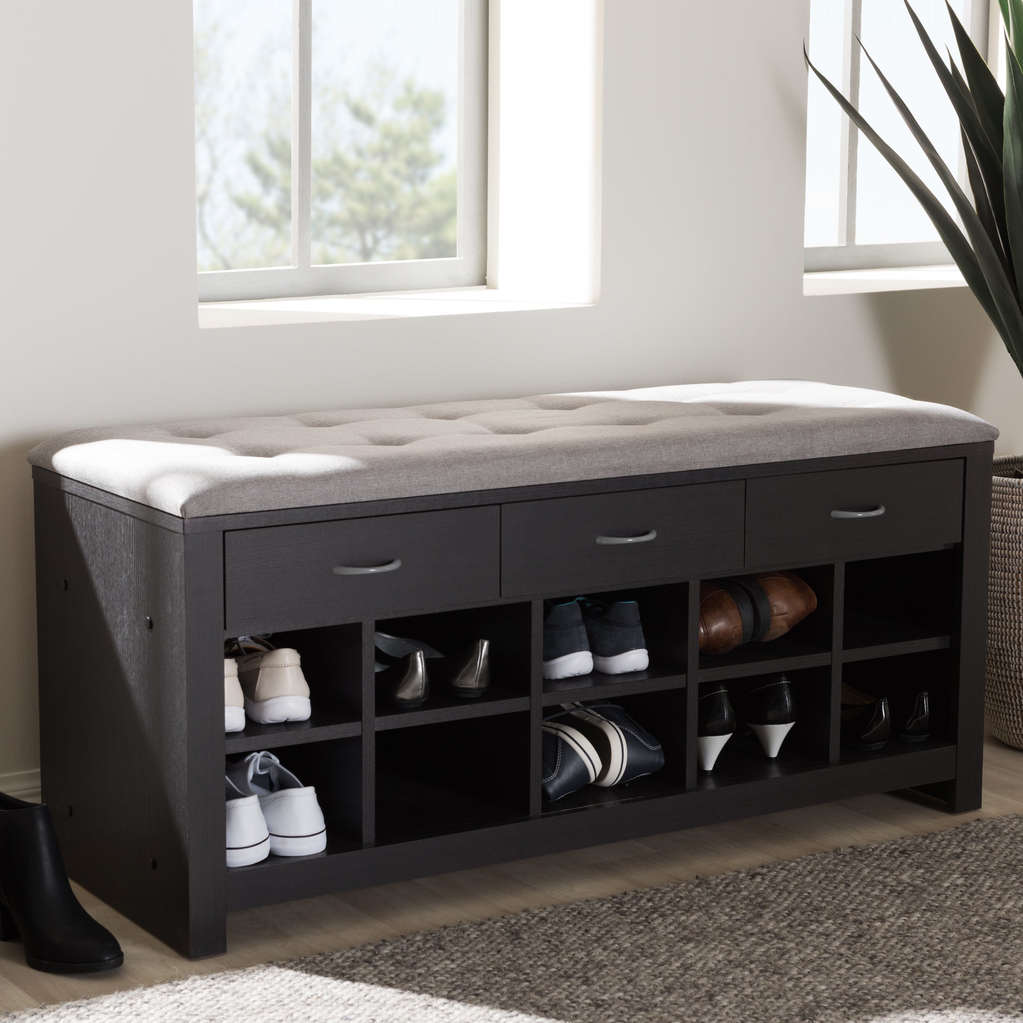 Modern and Contemporary Espresso Finished Grey Fabric Upholstered Cushioned Entryway Bench