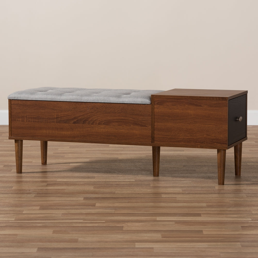 Merrick Mid-century Retro Modern 1-drawer 2-tone Oak and Dark Brown Wood Entryway Storage Grey Fabric Cushioned Bench Shoe Rack Cabinet Organizer