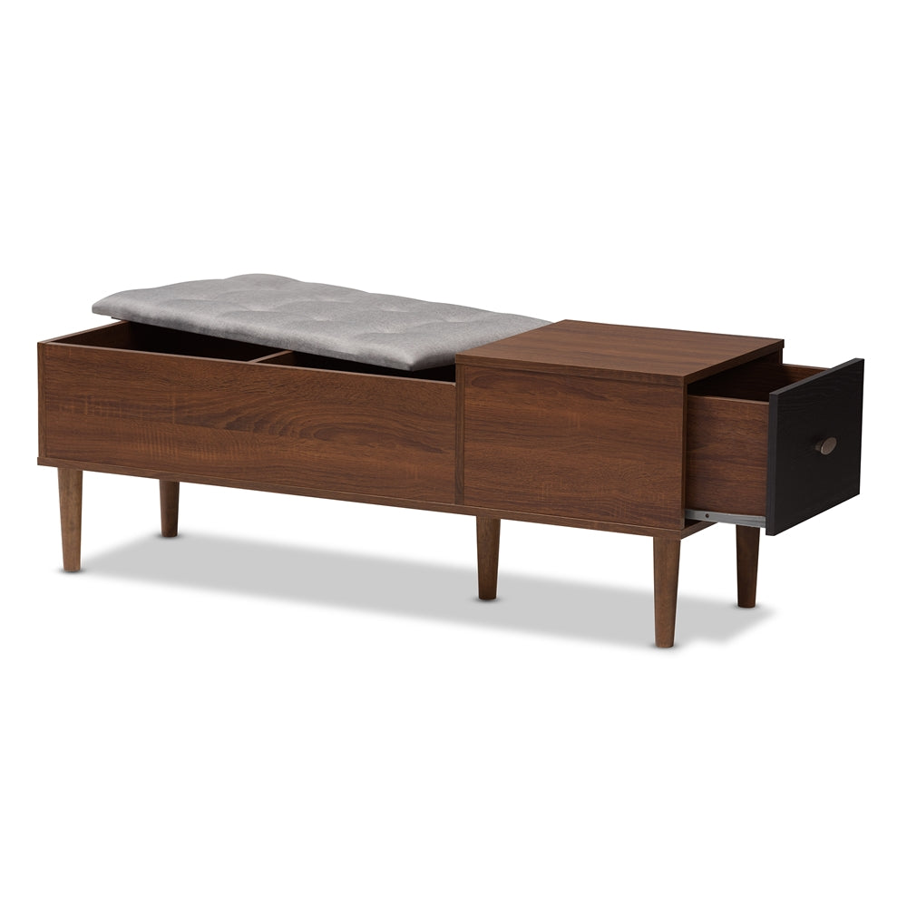 Merrick Mid-century Retro Modern 1-drawer 2-tone Oak and Dark Brown Wood Entryway Storage Grey Fabric Cushioned Bench Shoe Rack Cabinet Organizer