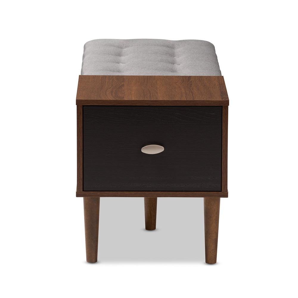 Merrick Mid-century Retro Modern 1-drawer 2-tone Oak and Dark Brown Wood Entryway Storage Grey Fabric Cushioned Bench Shoe Rack Cabinet Organizer