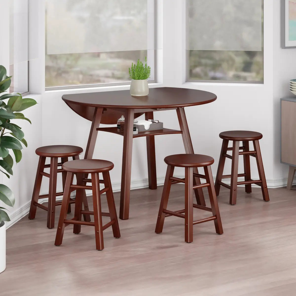 Marbelle Table 5-Pc Drop Leaf Dining Table with 4 Element 18” Dining Stools, Walnut