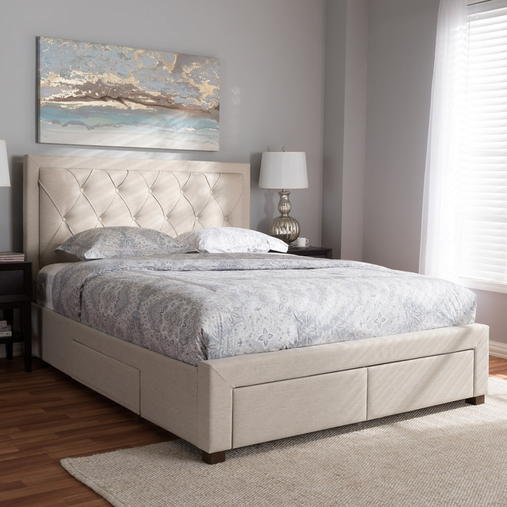 Aurelie Modern Light Beige Fabric Upholstered Queen Size Storage Bed