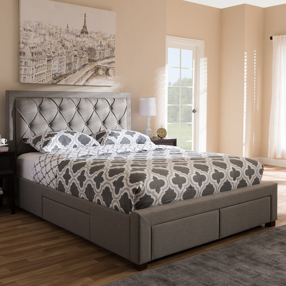 Aurelie Modern Light Grey Fabric Upholstered King Size Storage Bed