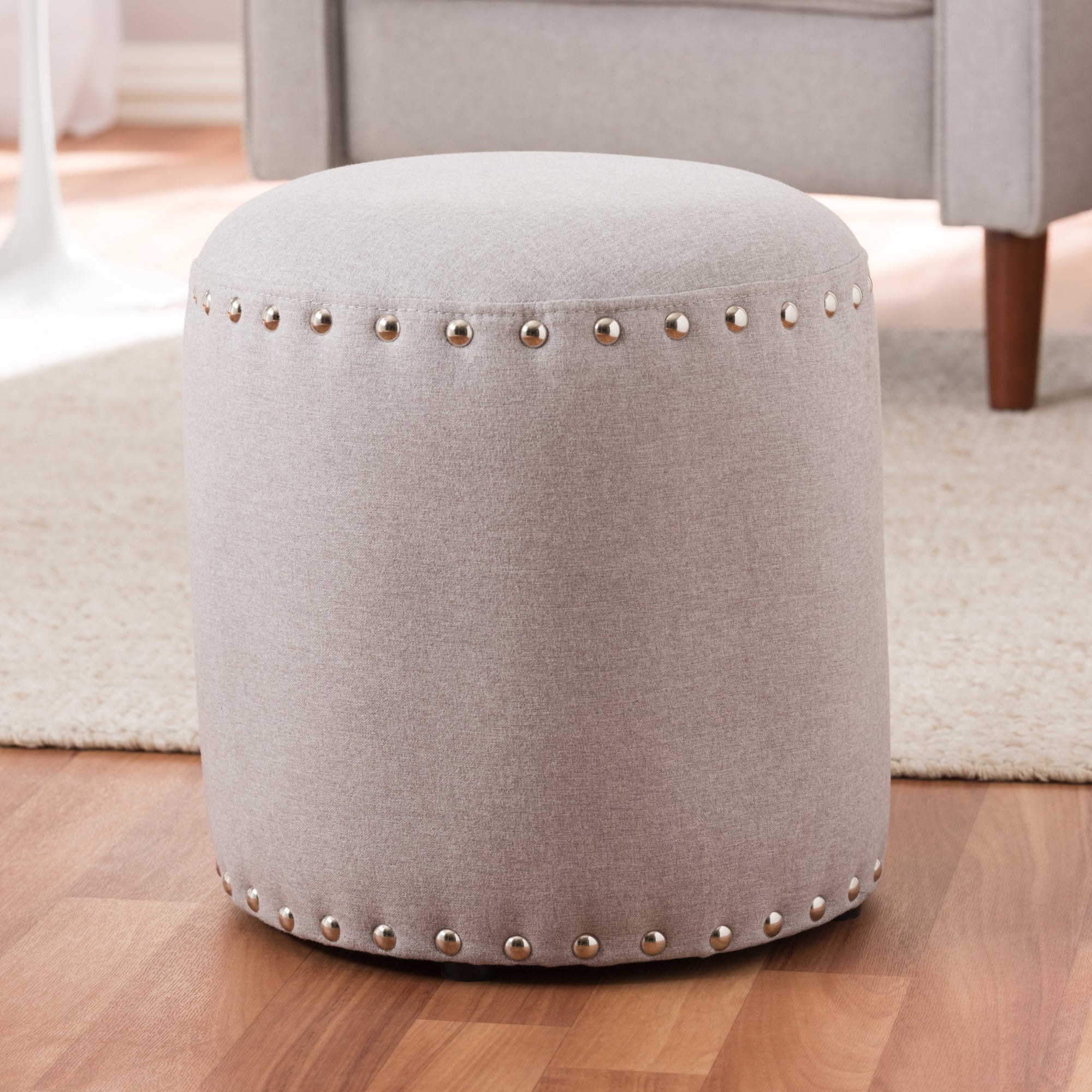 Rosine Modern and Contemporary Light Grey Fabric Upholstered Nail Trim Ottoman