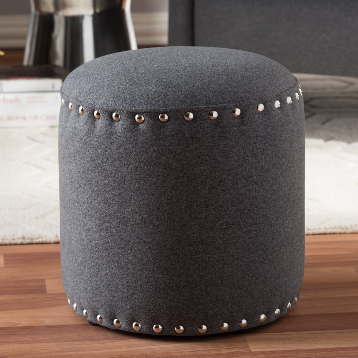 Rosine Modern and Contemporary Dark Grey Fabric Upholstered Nail Trim Ottoman