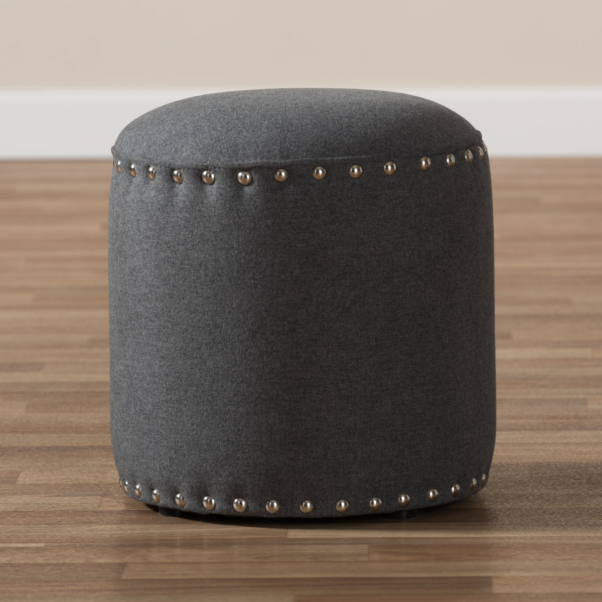 Rosine Modern and Contemporary Dark Grey Fabric Upholstered Nail Trim Ottoman