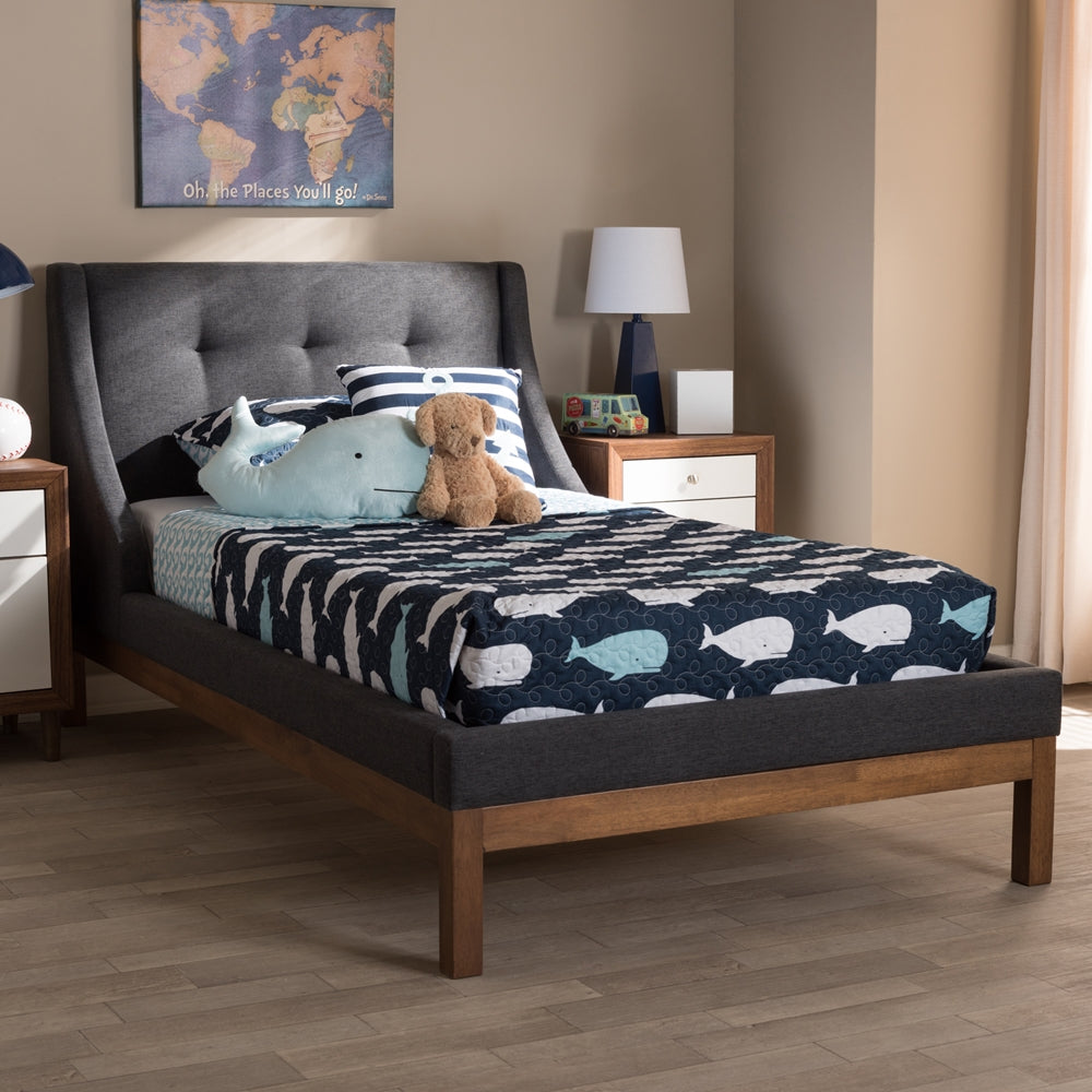 Louvain Dark Grey Fabric Upholstered Walnut-Finished Twin Sized Platform Bed