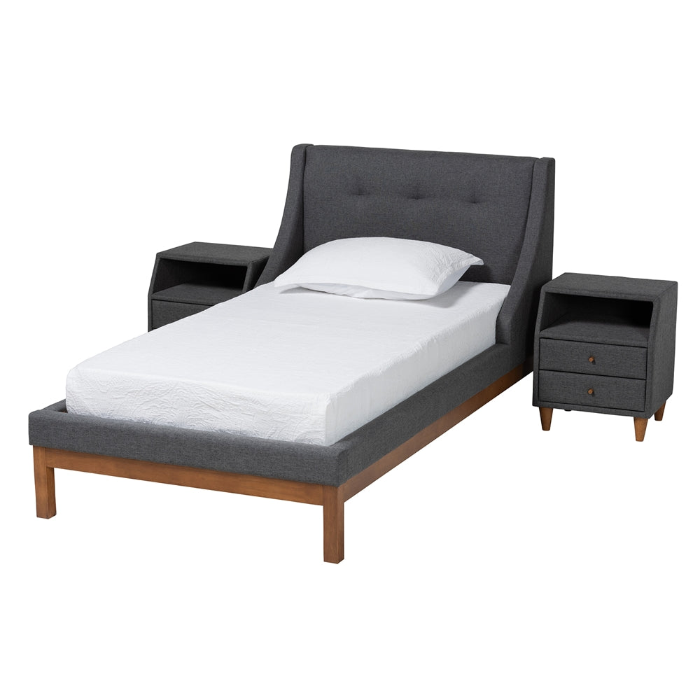 Louvain Mid-Century Modern Transitional Dark Grey Fabric Upholstered Twin Size 3-Piece Bedroom Set