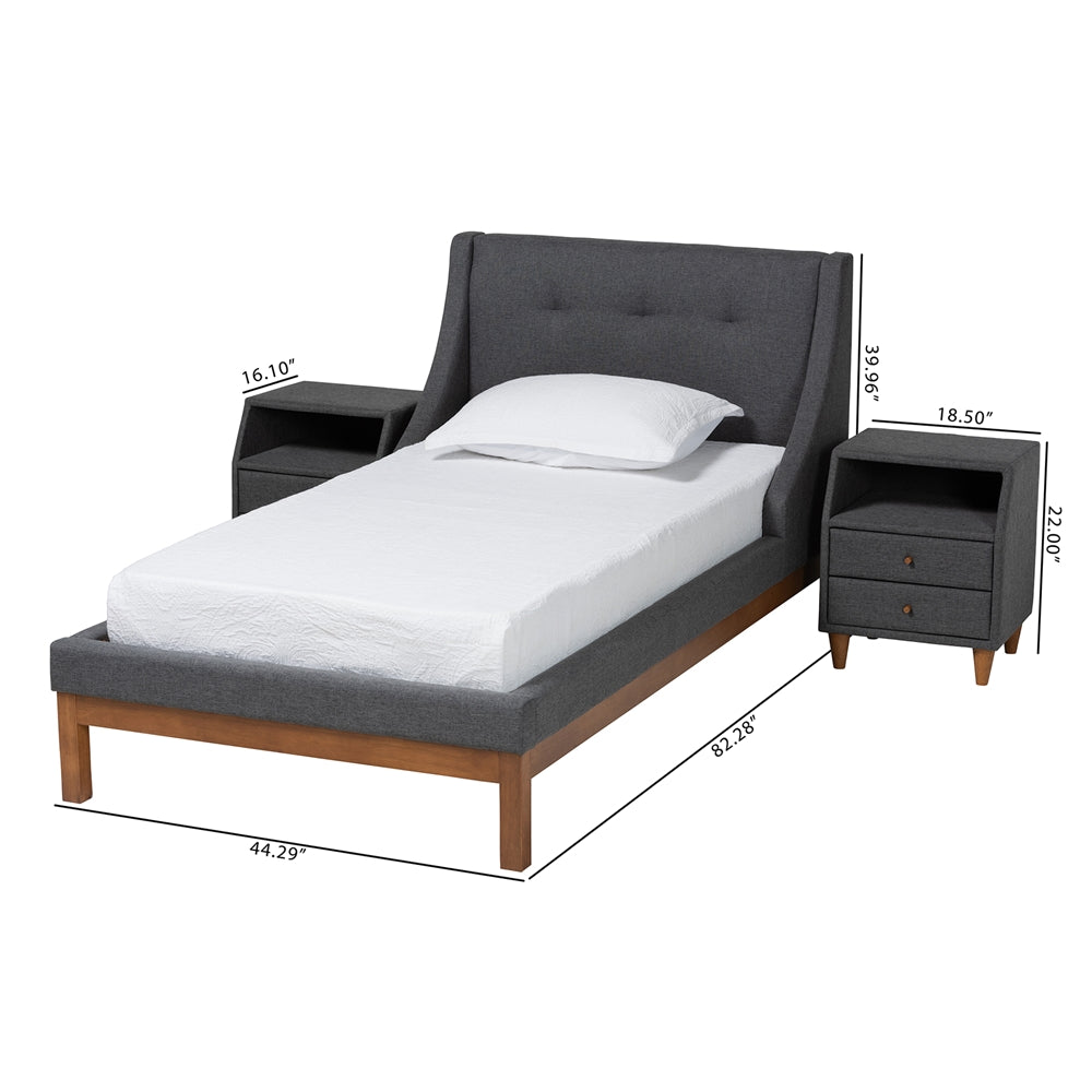 Louvain Mid-Century Modern Transitional Dark Grey Fabric Upholstered Twin Size 3-Piece Bedroom Set