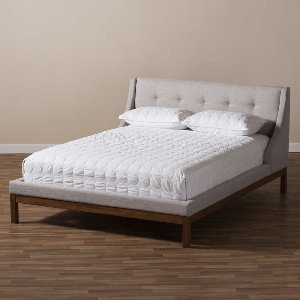 Louvain Greyish Beige Upholstered Walnut-Finished Queen Sized Platform Bed