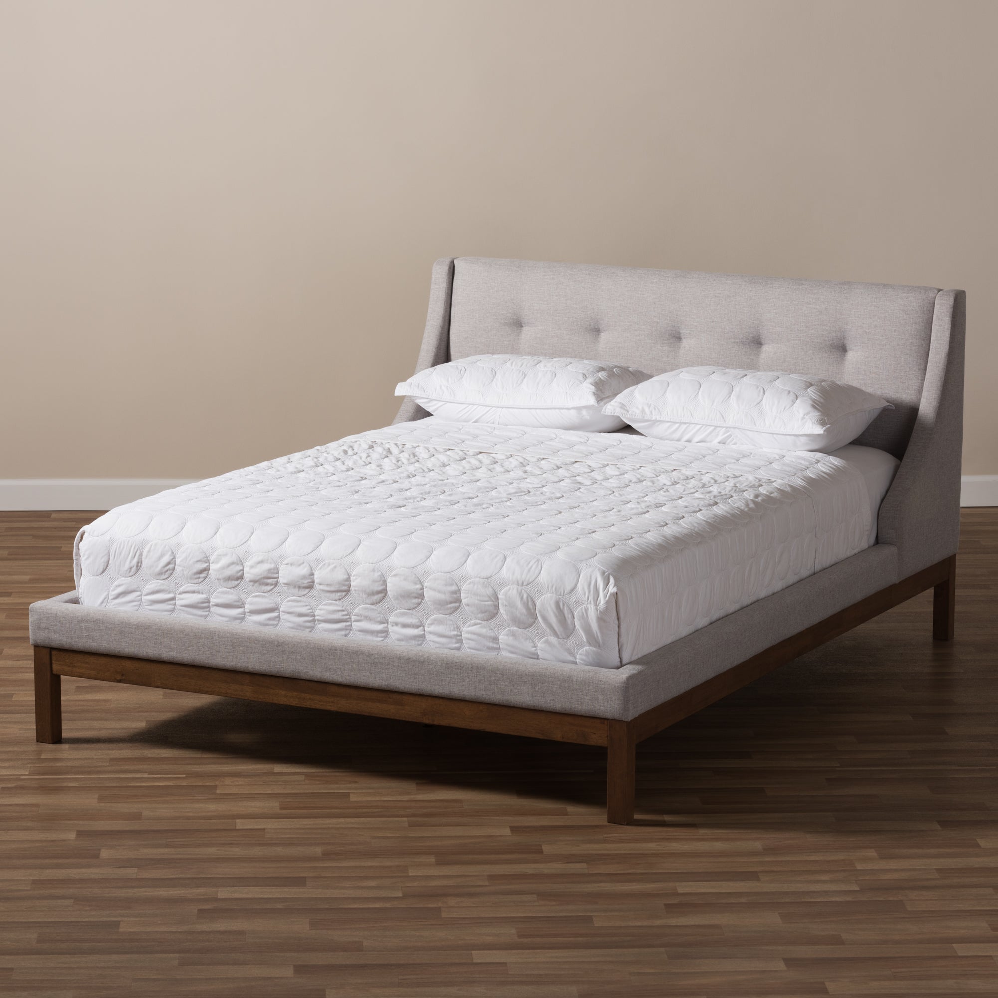 Louvain Modern and Contemporary Greyish Beige Fabric Upholstered Walnut-Finished Full Sized Platform Bed