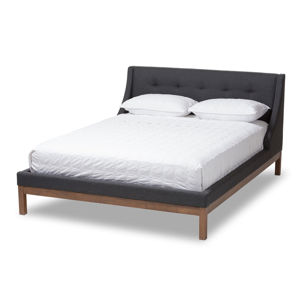 Louvain Greyish Beige Upholstered Walnut-Finished Queen Sized Platform Bed