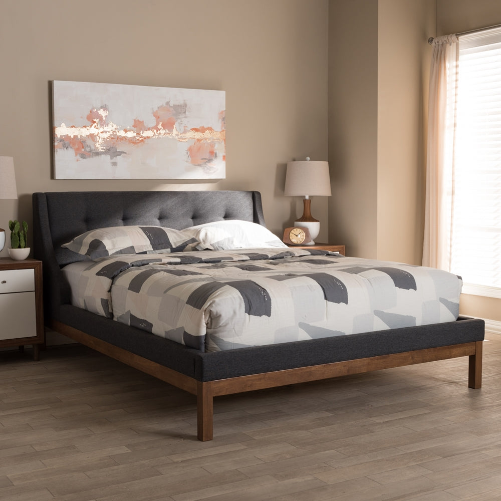 Louvain Greyish Beige Upholstered Walnut-Finished Queen Sized Platform Bed