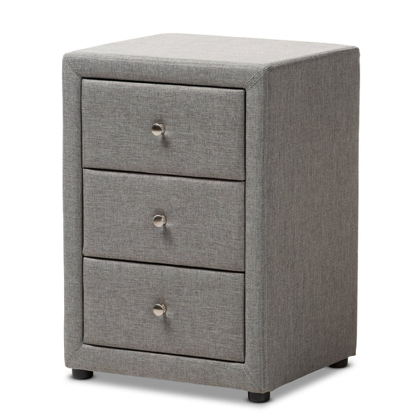 Tessa Modern and Contemporary Grey Fabric Upholstered 3-Drawer Nightstand