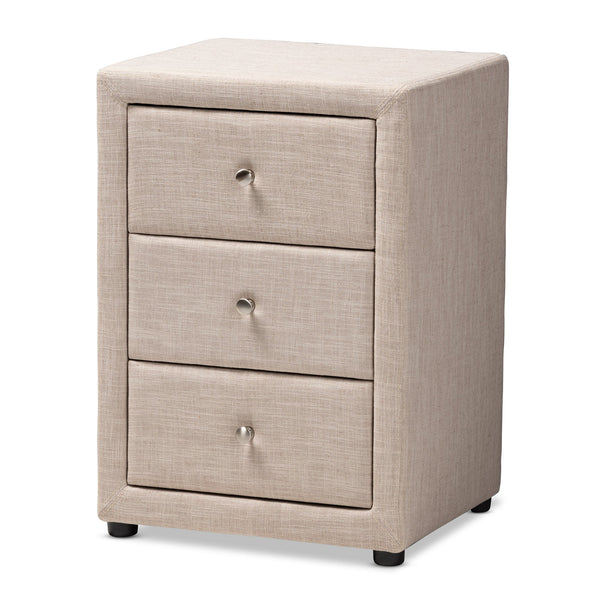 Tessa Modern and Contemporary Beige Fabric Upholstered 3-Drawer Nightstand