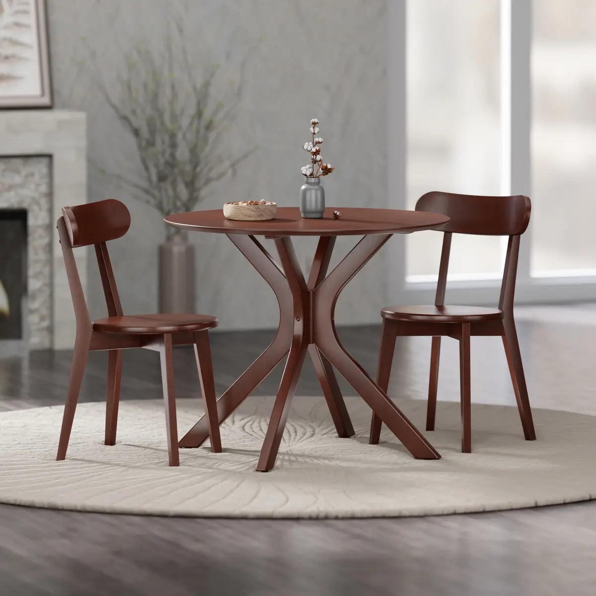 Lexa Dining Table with Splayed Legs, Walnut Finish with 2 Pauline Dining Chairs