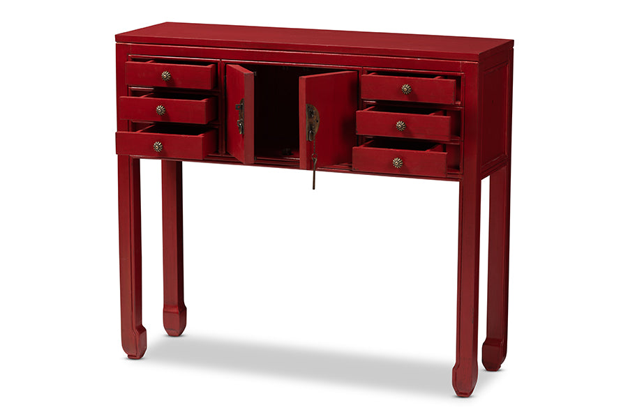 Melodie Classic and Antique Red Finished Wood Bronze Finished Accents 6-Drawer Console Table