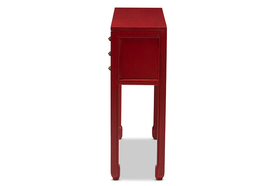 Melodie Classic and Antique Red Finished Wood Bronze Finished Accents 6-Drawer Console Table