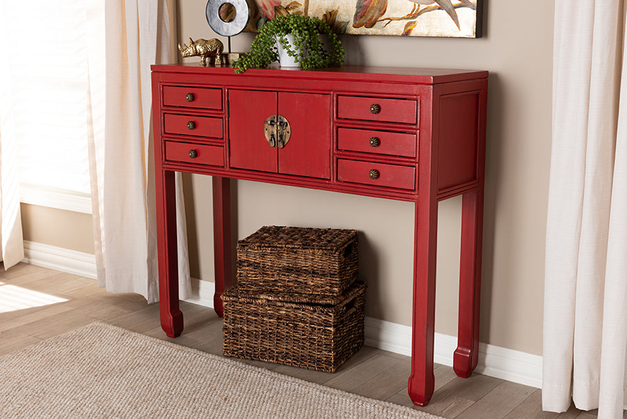 Melodie Classic and Antique Red Finished Wood Bronze Finished Accents 6-Drawer Console Table