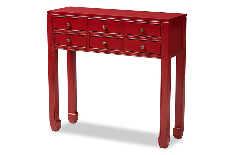Pomme Classic and Antique Red Finished Wood Bronze Finished Accents 6-Drawer Console Table