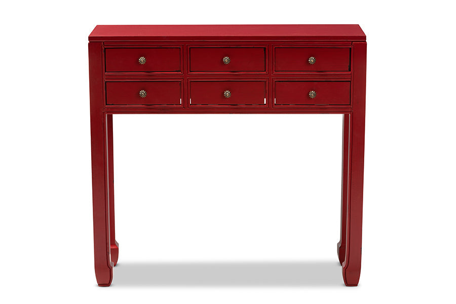 Pomme Classic and Antique Red Finished Wood Bronze Finished Accents 6-Drawer Console Table