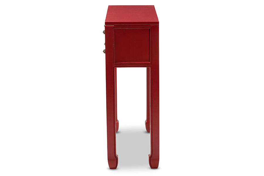 Pomme Classic and Antique Red Finished Wood Bronze Finished Accents 6-Drawer Console Table